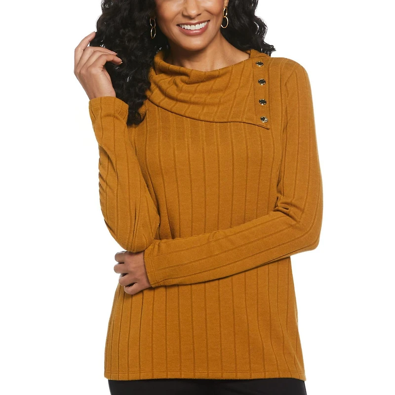 Rafaella Women's Long Sleeve Top with Rivet Neck Trim