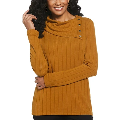 Rafaella Women's Long Sleeve Top with Rivet Neck Trim