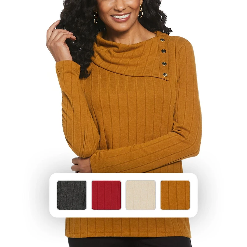 Rafaella Women's Long Sleeve Top with Rivet Neck Trim