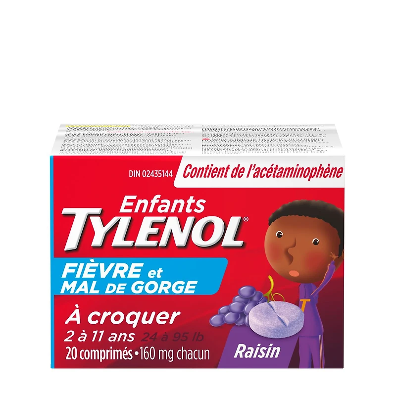TYLENOL® Enfants, Fièvre et mal de gorge, comprimés à croquer, soulage la fièvre et le mal de gorge, saveur de raisin, pour les enfants de 2 à 11 ans, 20 comprimés 20 comprimés