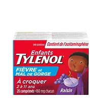 TYLENOL® Enfants, Fièvre et mal de gorge, comprimés à croquer, soulage la fièvre et le mal de gorge, saveur de raisin, pour les enfants de 2 à 11 ans, 20 comprimés 20 comprimés