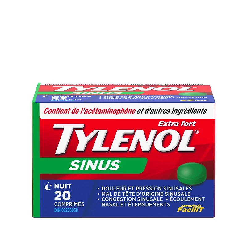 Tylenol Extra fort, Sinus, Nuit, soulage la congestion des sinus et autres symptômes sinusaux 20 comprimés