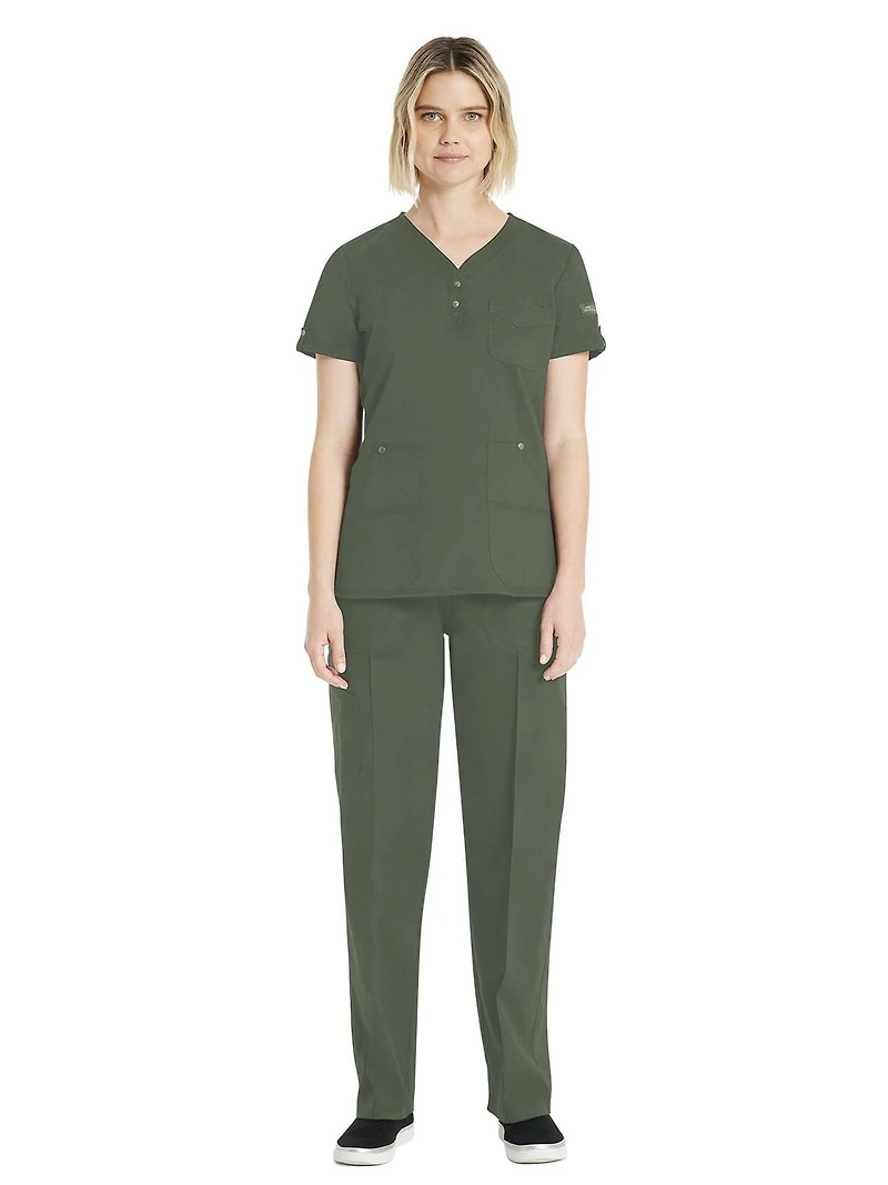Haut d'uniforme médical Genuine Dickies pour femmes avec encolure en V, boutons-pression et extensibilité, modèle WCDK801A