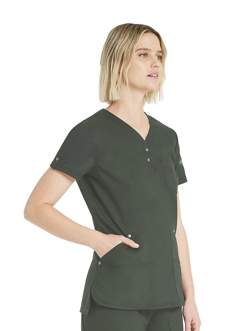 Haut d'uniforme médical Genuine Dickies pour femmes avec encolure en V, boutons-pression et extensibilité, modèle WCDK801A