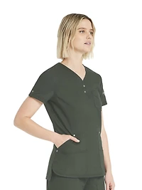 Haut d'uniforme médical Genuine Dickies pour femmes avec encolure en V, boutons-pression et extensibilité, modèle WCDK801A