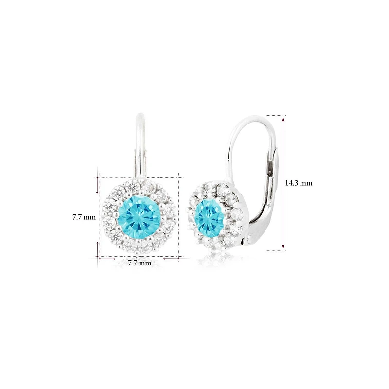 Unicornj Tweens pour enfants en argent sterling 925 bleu CZ rond Halo décembre mois de naissance boucles d'oreilles à levier 4 mm Italie