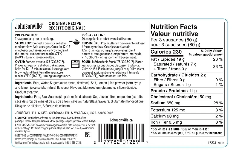 Saucisse à déjeuner originale Johnsonville JVL Sauc à déjeuner orig 375g
