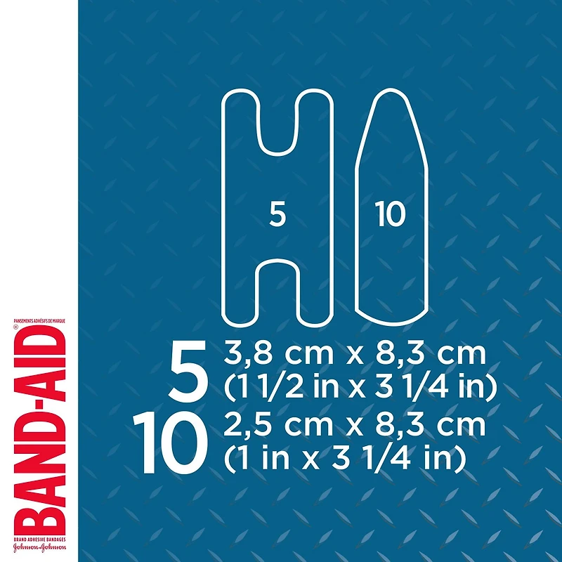 Pansements adhésifs de marque Band-Aid Tough-Strips pour le soin des plaies. Protection ultradurable pour les coupures et égratignures mineures, 20 pansements en un seul format.