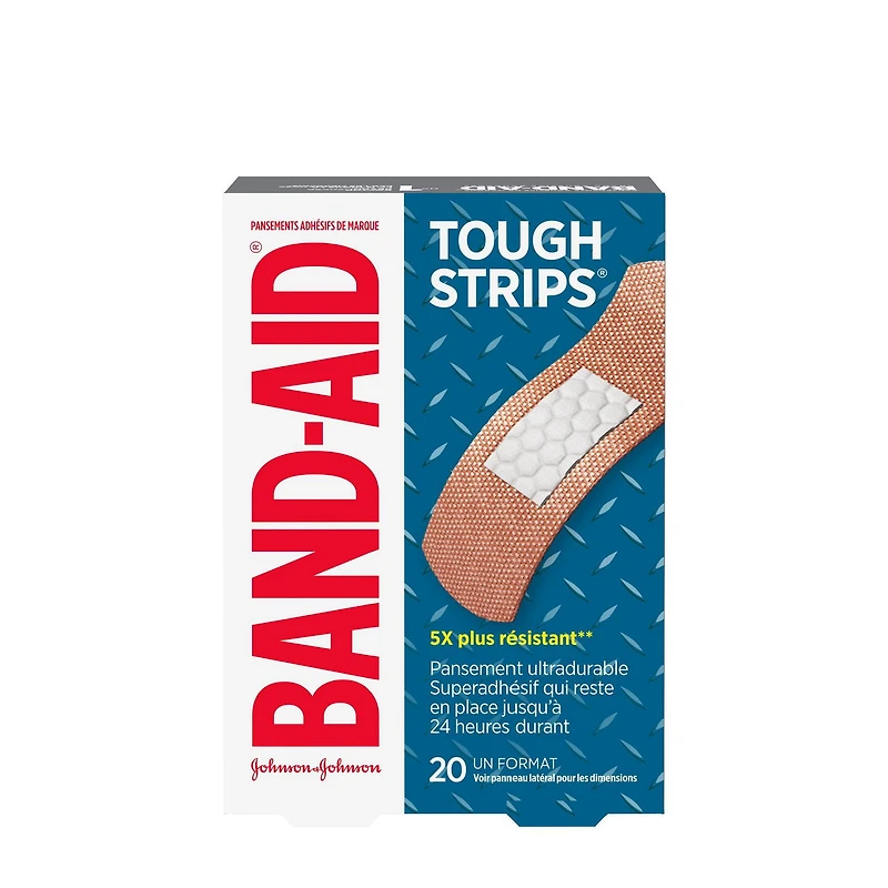Pansements adhésifs de marque Band-Aid Tough-Strips pour le soin des plaies. Protection ultradurable pour les coupures et égratignures mineures, 20 pansements en un seul format.
