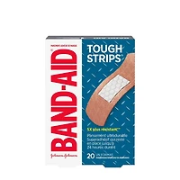 Pansements adhésifs de marque Band-Aid Tough-Strips pour le soin des plaies. Protection ultradurable pour les coupures et égratignures mineures, 20 pansements en un seul format.