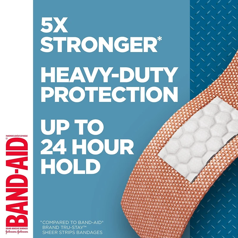 Pansements adhésifs de marque Band-Aid Tough-Strips pour le soin des plaies. Protection ultradurable pour les coupures et égratignures mineures, 20 pansements en un seul format.