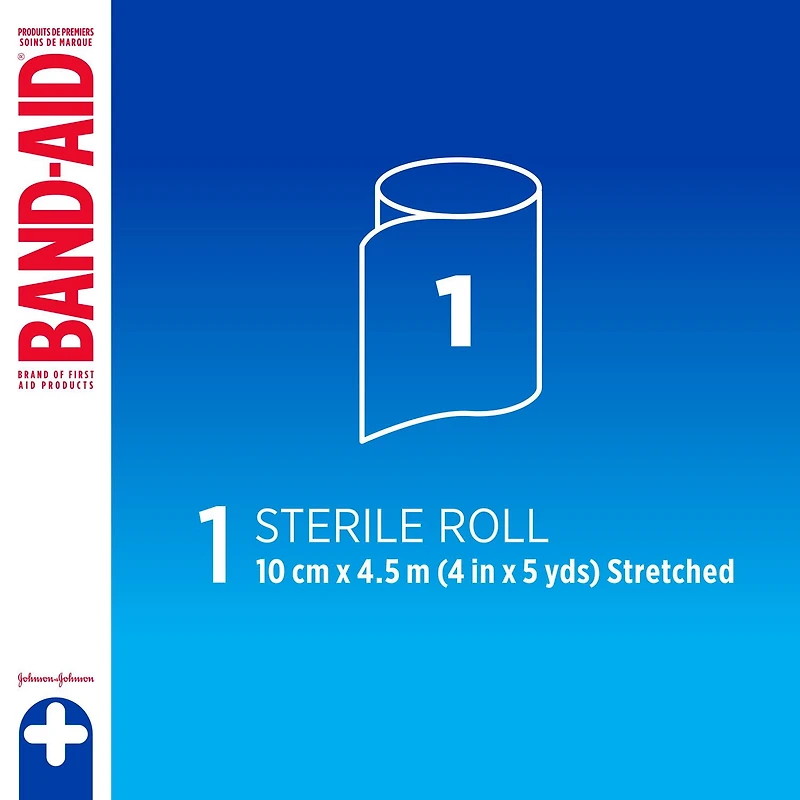 La gaze en rouleau flexible stérile de marque Band Aid offre une protection sûre pour le soin des plaies et coupures mineures, coussinage ultradoux et absorption instantanée, large, 10 cm par 4,5 m, 1 gaze