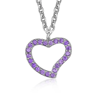 Unicornj Sterling Silver Purple Open Heart Pendant Necklace Girls CZ on Rolo Chain 15" Italy 925