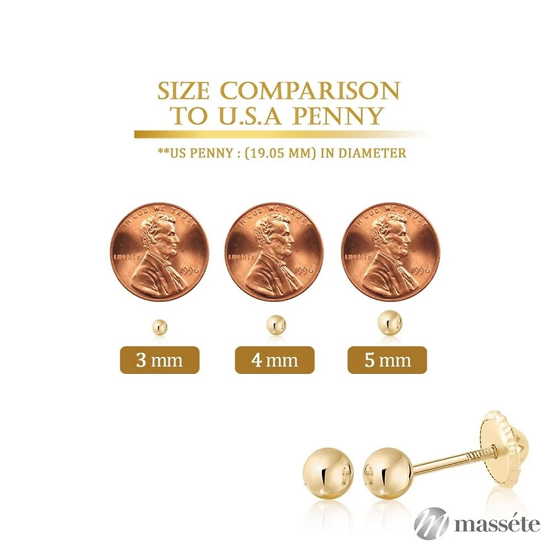 Massete 10K Yellow Gold High Polished Shiny Stud Post Sphere Round Ball Earrings with Threaded Post and Secure Screwback 4 Millimeters