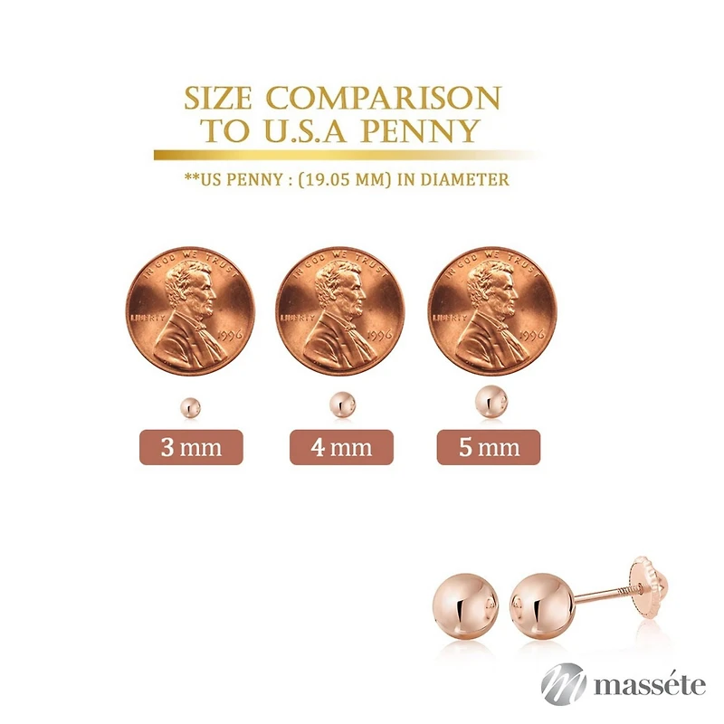 Massete 18K Rose Gold High Polished Shiny Stud Post Sphere Round Ball Earrings with Threaded Post and Secure Screwback 4 Millimeters