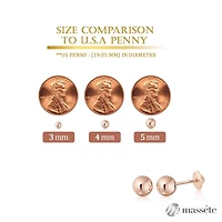 Massete 18K Rose Gold High Polished Shiny Stud Post Sphere Round Ball Earrings with Threaded Post and Secure Screwback 4 Millimeters