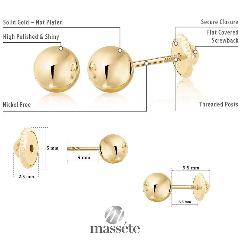 Massete 10K Yellow Gold High Polished Shiny Stud Post Sphere Round Ball Earrings with Threaded Post and Secure Screwback 4 Millimeters