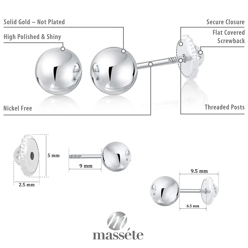 Massete 18K White Gold High Polished Shiny Stud Post Sphere Round Ball Earrings with Threaded Post and Secure Screwback 3 Millimeters