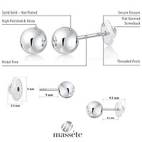 Massete 18K White Gold High Polished Shiny Stud Post Sphere Round Ball Earrings with Threaded Post and Secure Screwback 3 Millimeters