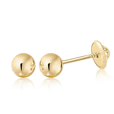 Massete 10K Yellow Gold High Polished Shiny Stud Post Sphere Round Ball Earrings with Threaded Post and Secure Screwback 4 Millimeters