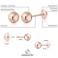 Massete 18K Rose Gold High Polished Shiny Stud Post Sphere Round Ball Earrings with Threaded Post and Secure Screwback 4 Millimeters