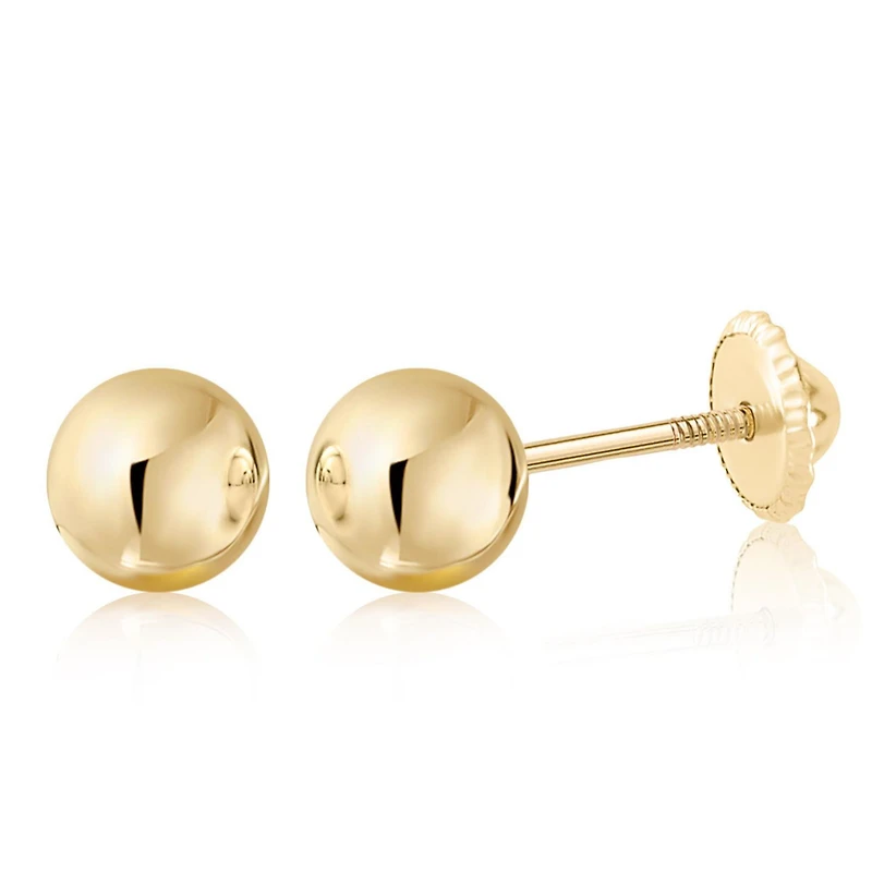 Massete 10K Yellow Gold High Polished Shiny Stud Post Sphere Round Ball Earrings with Threaded Post and Secure Screwback 5 Millimeters