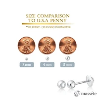 Massete 18K White Gold High Polished Shiny Stud Post Sphere Round Ball Earrings with Threaded Post and Secure Screwback 3 Millimeters