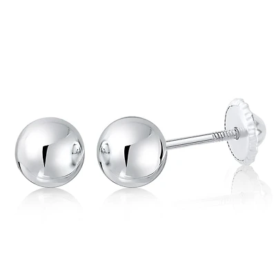 Massete 18K White Gold High Polished Shiny Stud Post Sphere Round Ball Earrings with Threaded Post and Secure Screwback 3 Millimeters