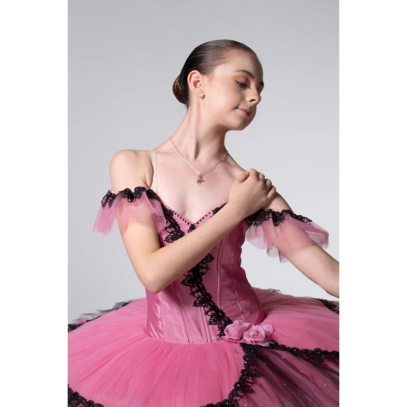 Unicornj Childrens Teens Sterling Silver 925 Ballerina Ballet Dancer Pendant Necklace Light Pink Tulle Tutu and Light Pink Enamel 16" Italy