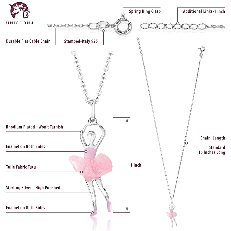 Unicornj Childrens Teens Sterling Silver 925 Ballerina Ballet Dancer Pendant Necklace Light Pink Tulle Tutu and Light Pink Enamel 16" Italy