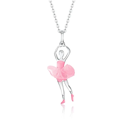 Unicornj Childrens Teens Sterling Silver 925 Ballerina Ballet Dancer Pendant Necklace Light Pink Tulle Tutu and Light Pink Enamel 16" Italy