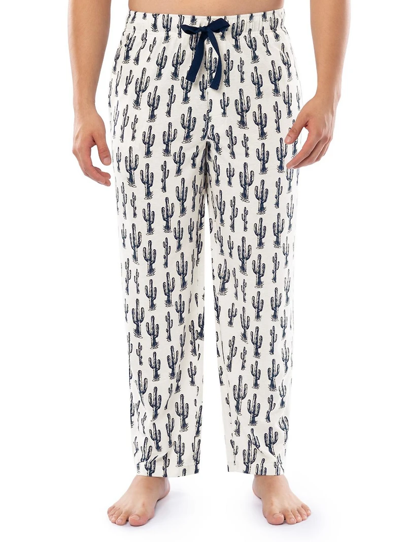 Wrangler Men's Printed Heather Jersey Knit Sleep and Lounge Pajama Pant, Cream with Cactus Print