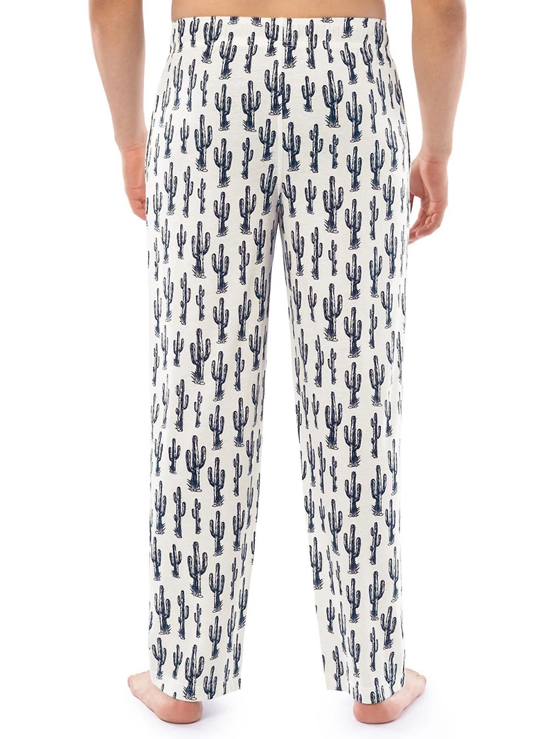 Wrangler Men's Printed Heather Jersey Knit Sleep and Lounge Pajama Pant, Cream with Cactus Print