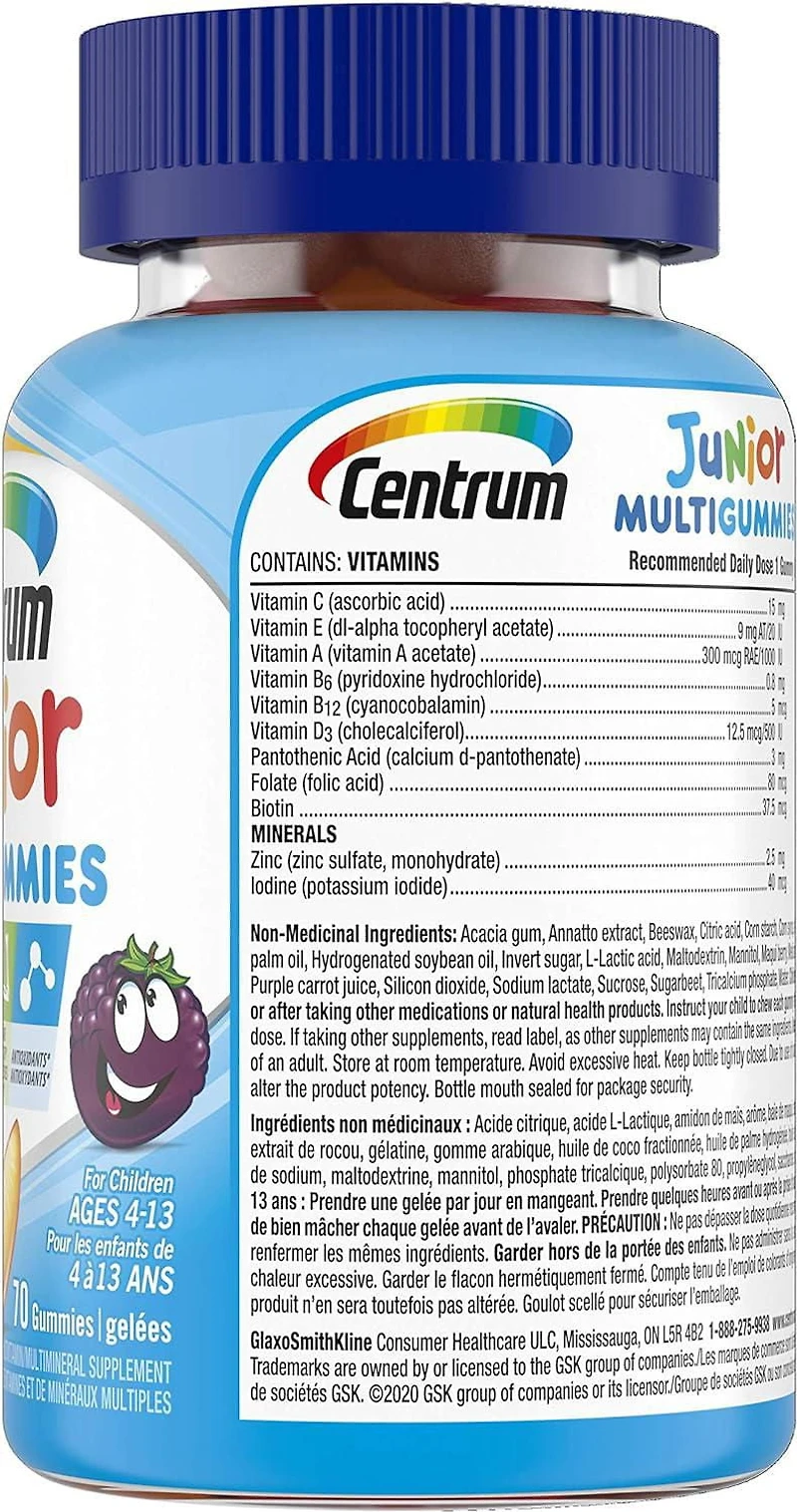 Centrum Junior MultiGummies Multivitamin/Multimineral Supplement, Cherry, Berry, and Orange Flavours, 70 count