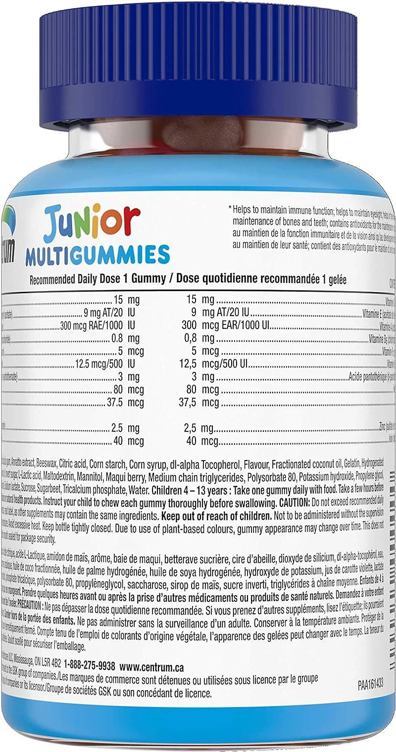 Centrum Junior MultiGummies Multivitamin/Multimineral Supplement, Cherry, Berry, and Orange Flavours, 70 count