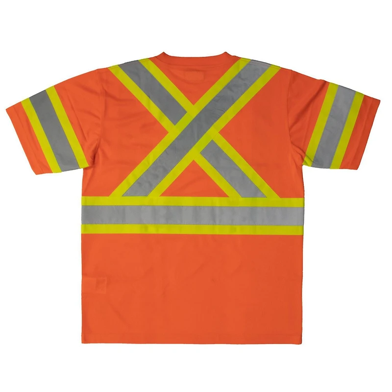 TOUGH DUCK SHORT SLEEVE SAFETY T-SHIRT WITH 2" REFLECTIVE TAPE ON A 4" CONTRAST BACKING.