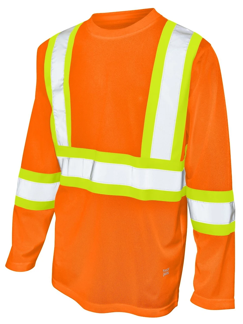 TOUGH DUCK LONG SLEEVE SAFETY T-SHIRT WITH 2" REFLECTIVE TAPE AND 4" CONTRAST BACKING.