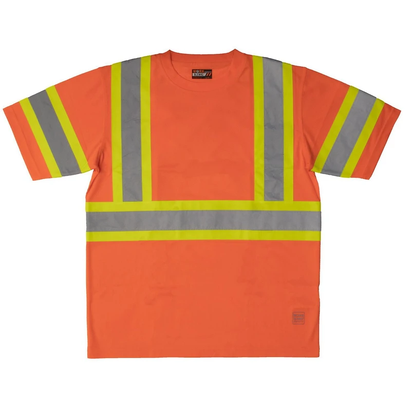 TOUGH DUCK SHORT SLEEVE SAFETY T-SHIRT WITH 2" REFLECTIVE TAPE ON A 4" CONTRAST BACKING.