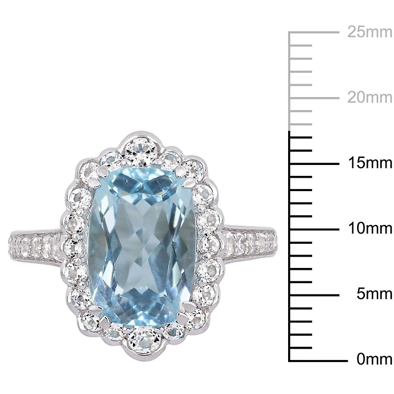 Bague cocktail auréole Tangelo avec topaze bleu ciel et topazes blanches 5-7/8 CT PBT en argent sterling