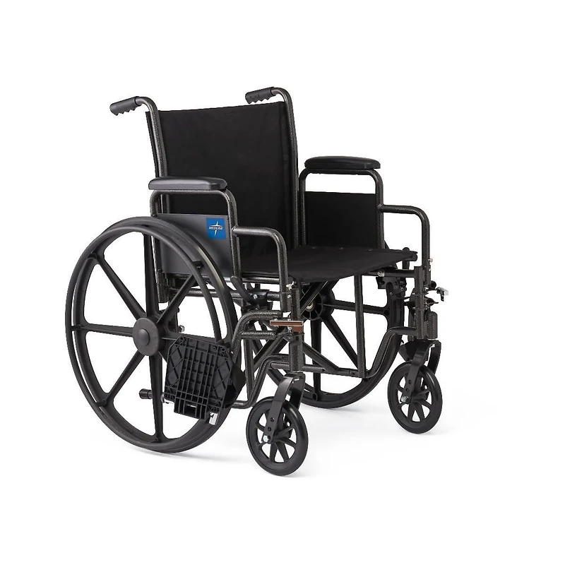 Medline 18" Wide K1 Basic Nylon Wheelchair with Swing-Back Desk-Length Arms and Swing-Away Leg Rests.