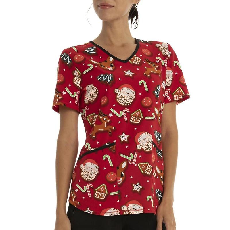 Scrubstar Women's Rudolph "Santa's Cookies" V-Neck Print Top