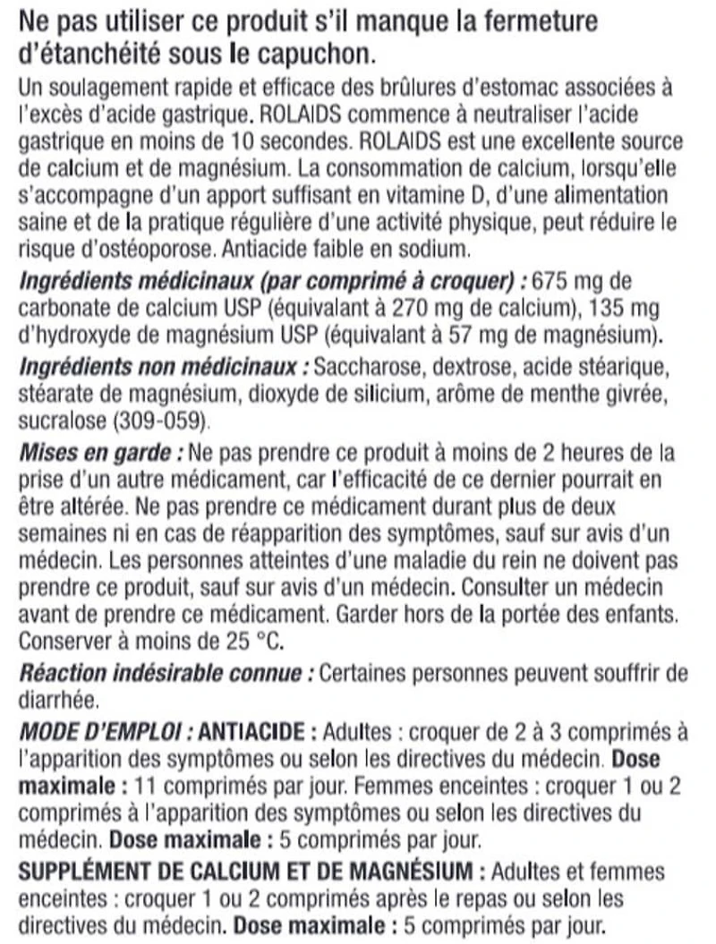 Rolaids Antitacide, saveur menthe, 96 comprimés, soulagement rapide et efficace des brûlures d'estomac 96 comprimés