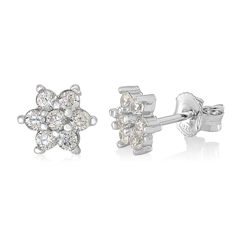 Unicornj Childrens Sterling Silver 925 Clear CZ 6 Petal Flower April Birth Month Stud Post Earrings