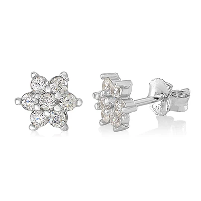 Unicornj Childrens Sterling Silver 925 Clear CZ 6 Petal Flower April Birth Month Stud Post Earrings