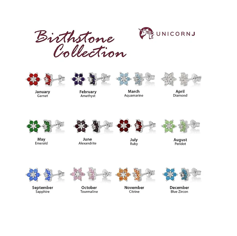 Unicornj Childrens Sterling Silver 925 Dark Red CZ 6 Petal Flower July Birth Month Stud Post Earrings