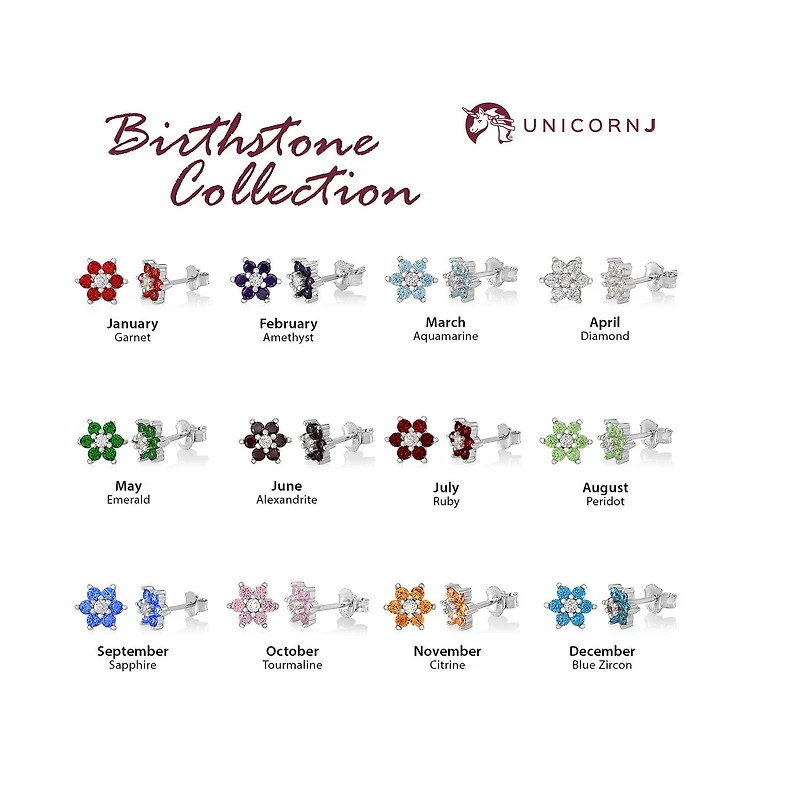 Unicornj Childrens Sterling Silver 925 Dark Purple CZ 6 Petal Flower June Birth Month Stud Post Earrings