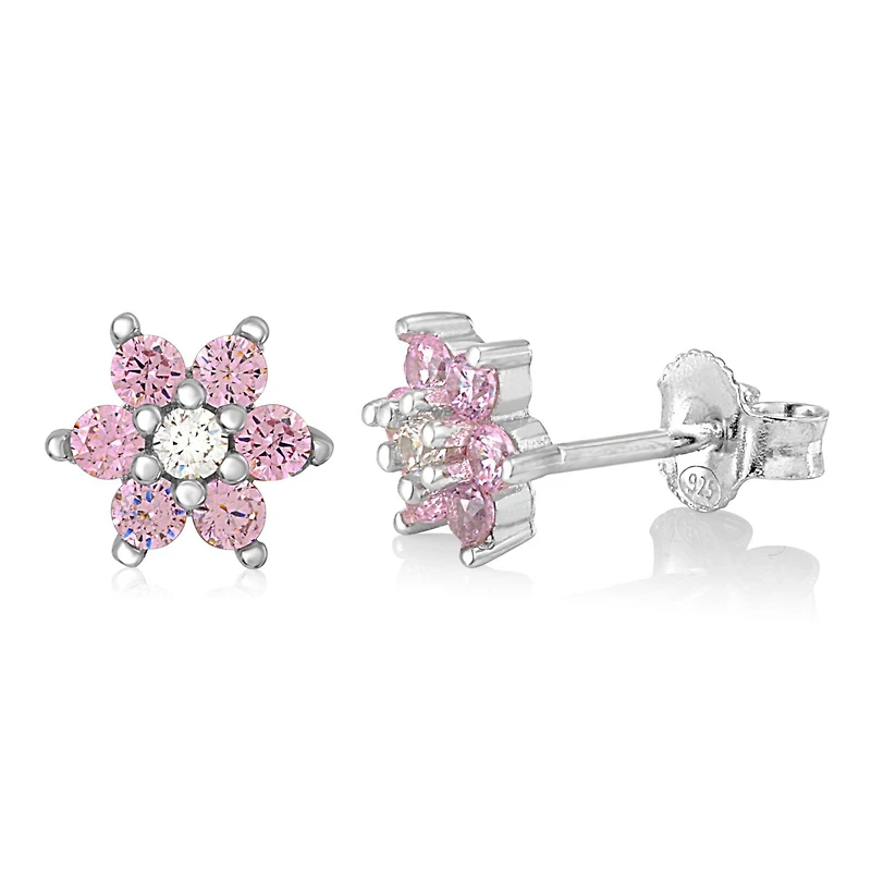 Unicornj Enfants Sterling Argent 925 Rose CZ 6 Pétale Fleur Octobre Naissance Mois Stud Post Boucles D'oreilles Italie