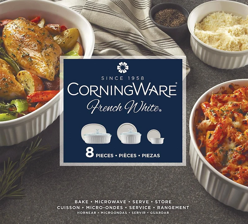 CorningwareMD French White, Ensemble de 8 pièces Grès céramique durable