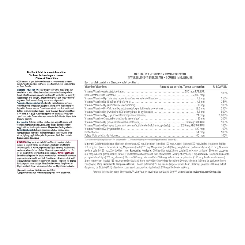 Jamieson 100% Complete Multivitamin For Men 50+, with Siberian Ginseng, Lutein, and More Magnesium. Supports Immunity, Energy, Overall Health, Eye Support, and Bone Health, Gluten-Free, One Per Day, 160 Caplets, 160 Caplets