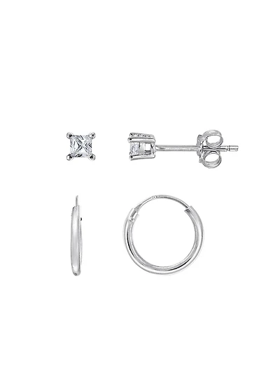 Luxury Designs Sterling Silver Square Cubic Zirconia Studs & Hoop Earring Set